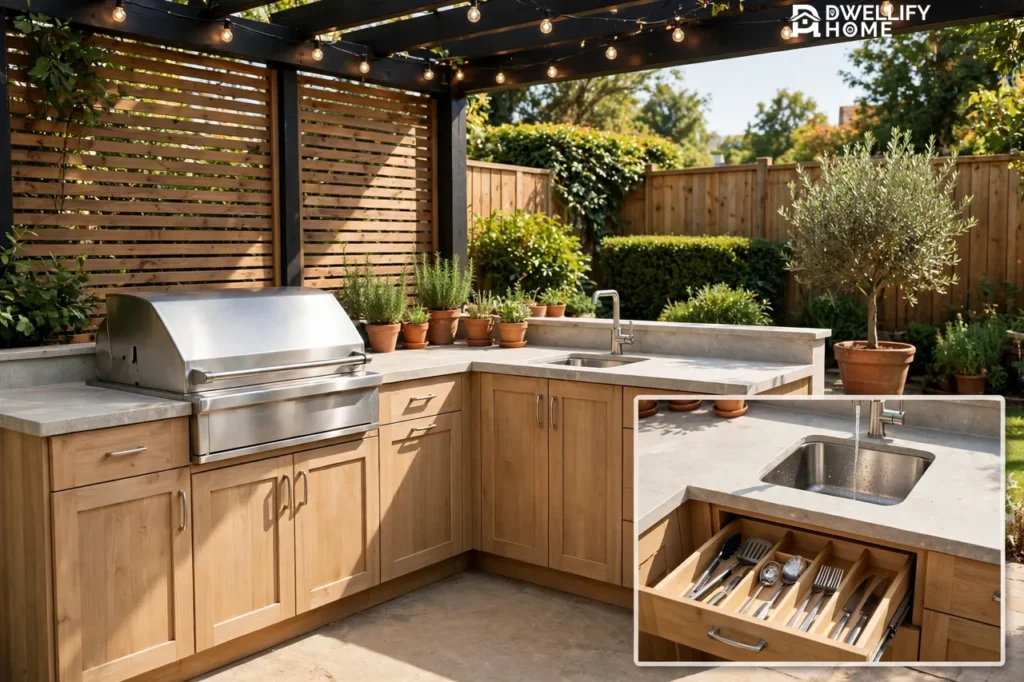 Tidy outdoor kitchen with grill, clean counters, storage cabinets, and a sink, with an organized drawer inset