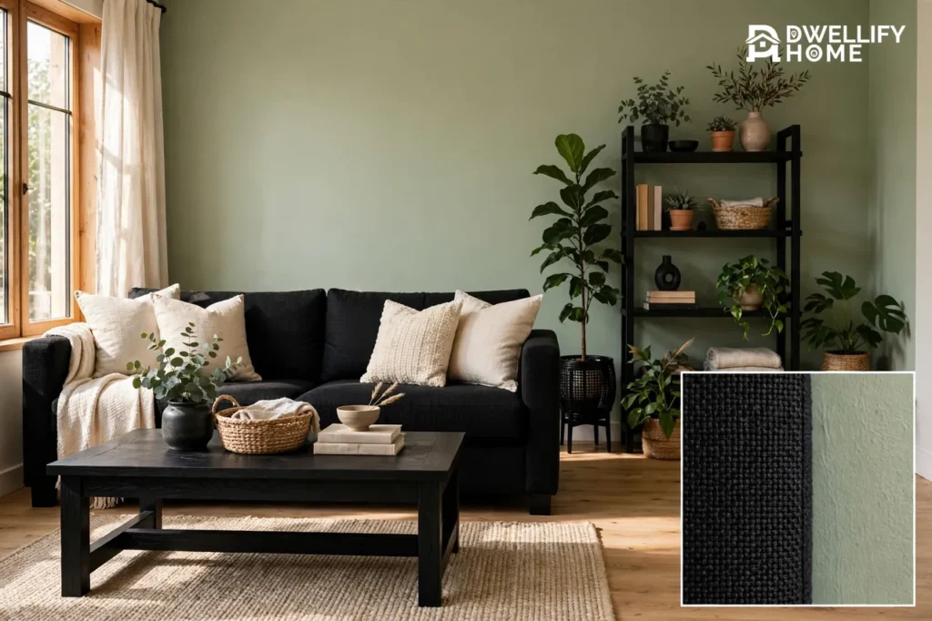 Living room with a prominent black sofa and black coffee table against soft sage-green painted walls, with a magnified close-up of black sofa fabric against the green wall paint in the bottom-right corner