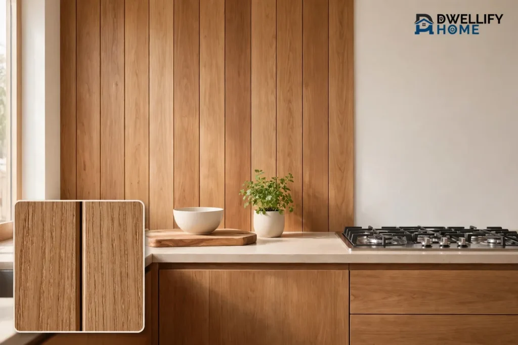 Warm modern kitchen with a vertical wood-paneled backsplash behind a countertop with a bowl, chopping board and herb plant, and a bottom-left magnified inset showing the wood grain and joints between panels