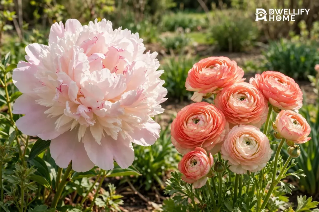 A large soft blush-pink peony bloom beside several smaller layered coral and cream ranunculus blooms in a sunny spring garden, showing the clear size difference