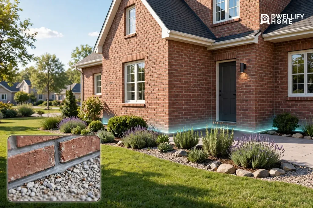 Brick home exterior with a neat lawn and a subtle protective glow along the foundation, and a close-up inset of the sealed foundation barrier at the bottom left