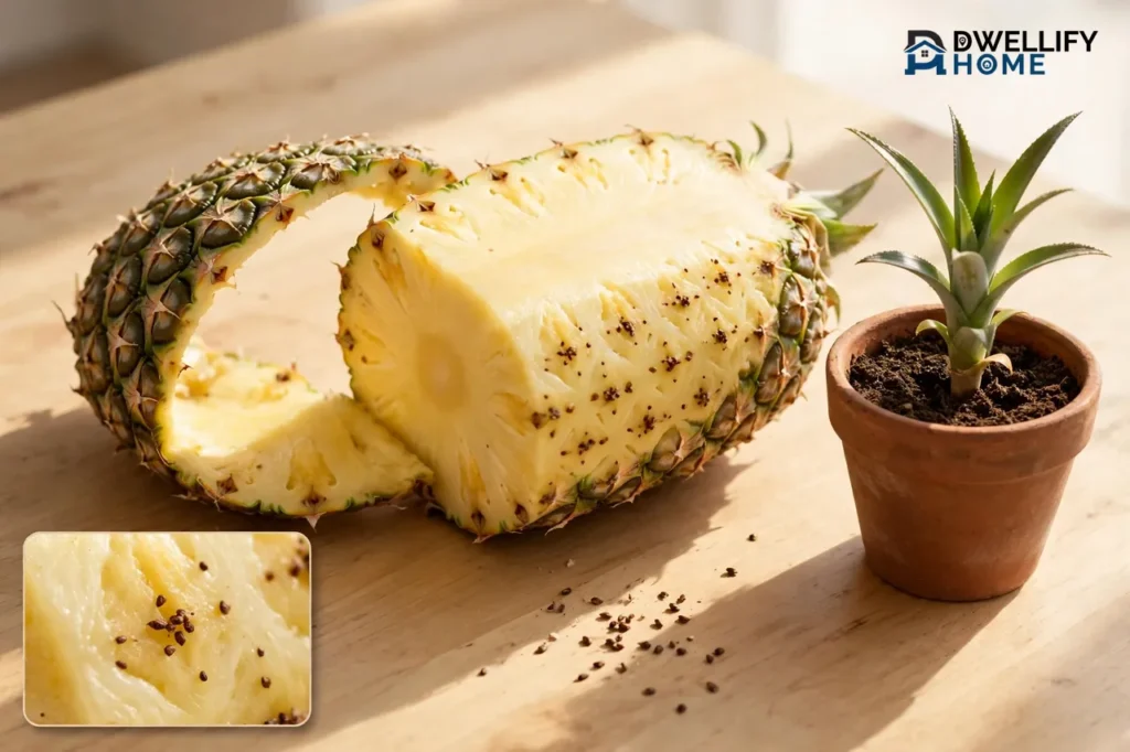Peeled-back pineapple rind revealing tiny dark seeds in the flesh with loose seeds on a board and a potted seedling, magnified seeds in flesh inset