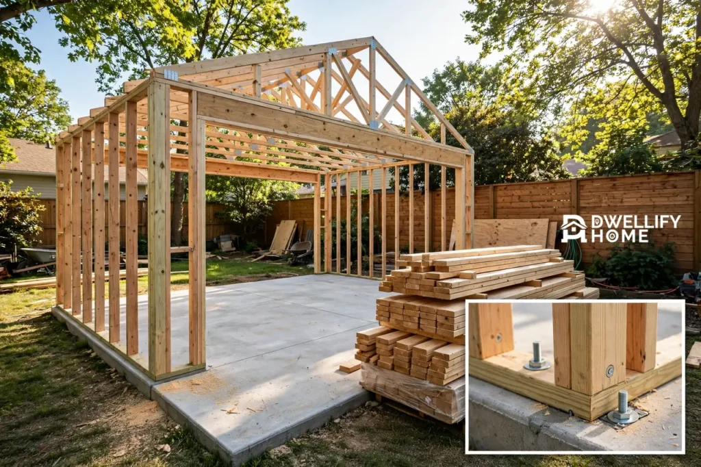 Timber wall framing and roof trusses on a new concrete slab with stacked lumber, framing and foundation anchor inset