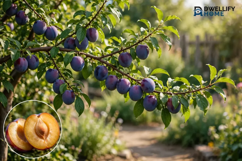 Plum tree with smooth-skinned purple-blue plums, with a cut plum showing its single pit inset
