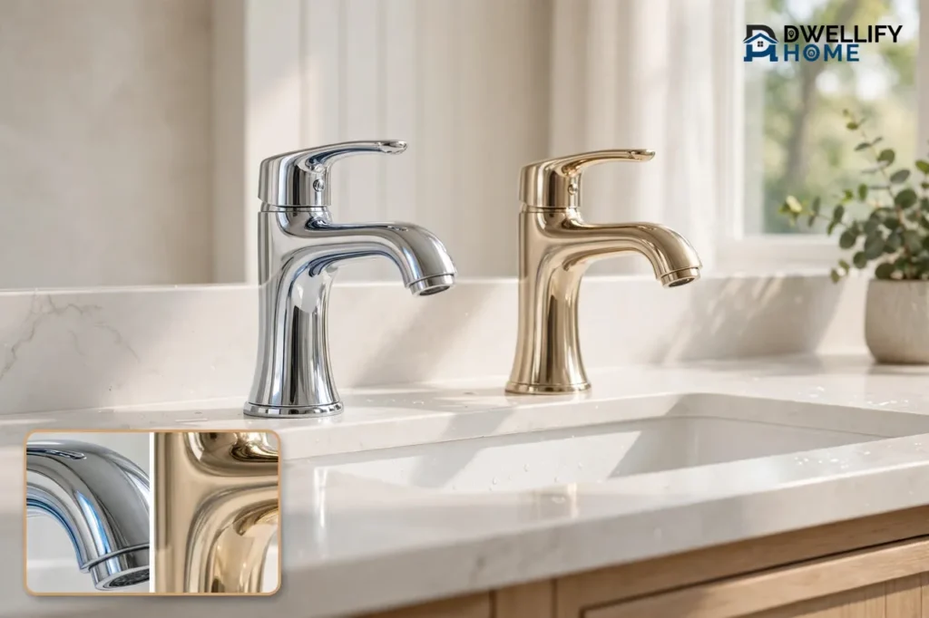 A cool bright chrome faucet beside a warmer golden-toned nickel faucet over a sink, plus a magnified inset comparing the two finishes.