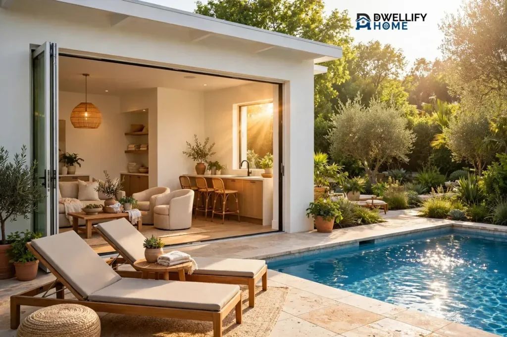 Bright remodeled pool house with open glass wall, lounge and kitchenette bar, and pool loungers outside