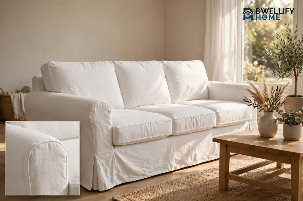 White linen slipcovered sofa with neatly tailored seams in a bright living room, with a close-up inset of the slipcover fabric and tailored arm seam