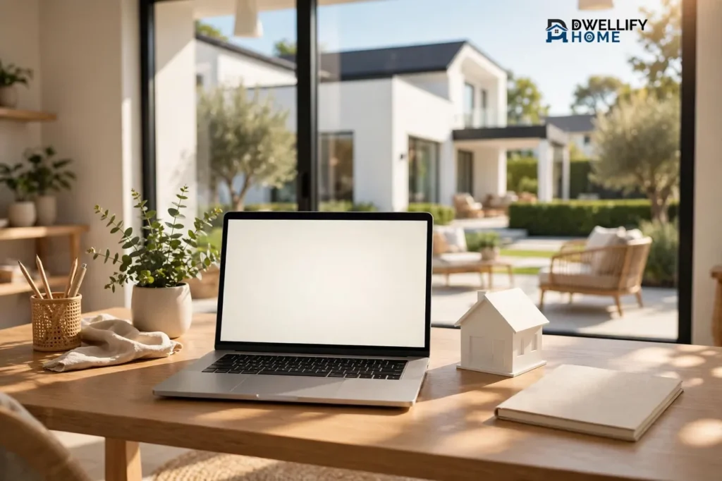 Sunny real estate agent workspace with a laptop showing a blank glowing screen, a small white house model and a blank notebook on a wooden desk, with a modern house visible through the window behind