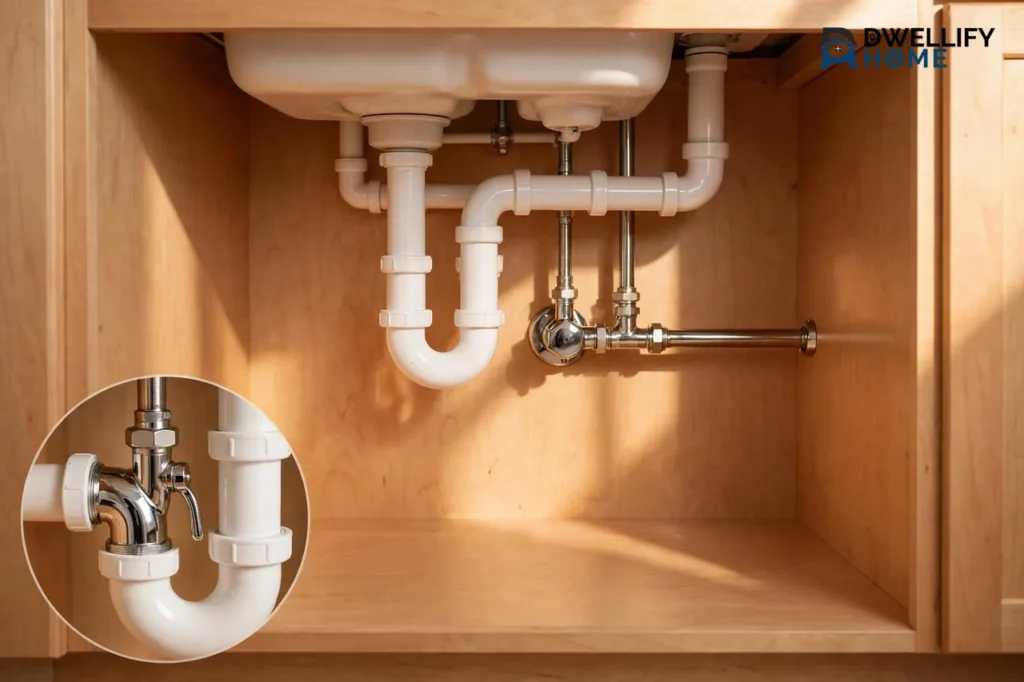Clean dry under-sink pipes and valves in a calm maintenance scene, with a pipe-joint inset