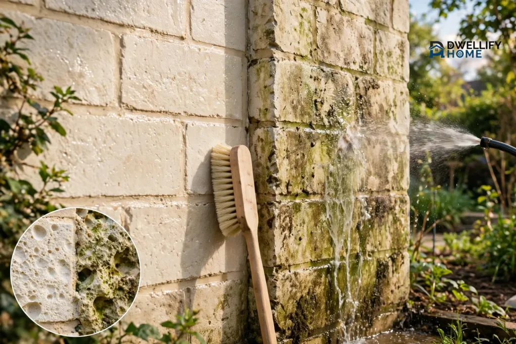 An exterior limestone block wall being gently cleaned, with a soft brush leaning against the freshly washed pale stone on one side, a light water spray rinsing green algae and dirt from the other side, and a round magnified inset showing the porous limestone half clean and half dirty