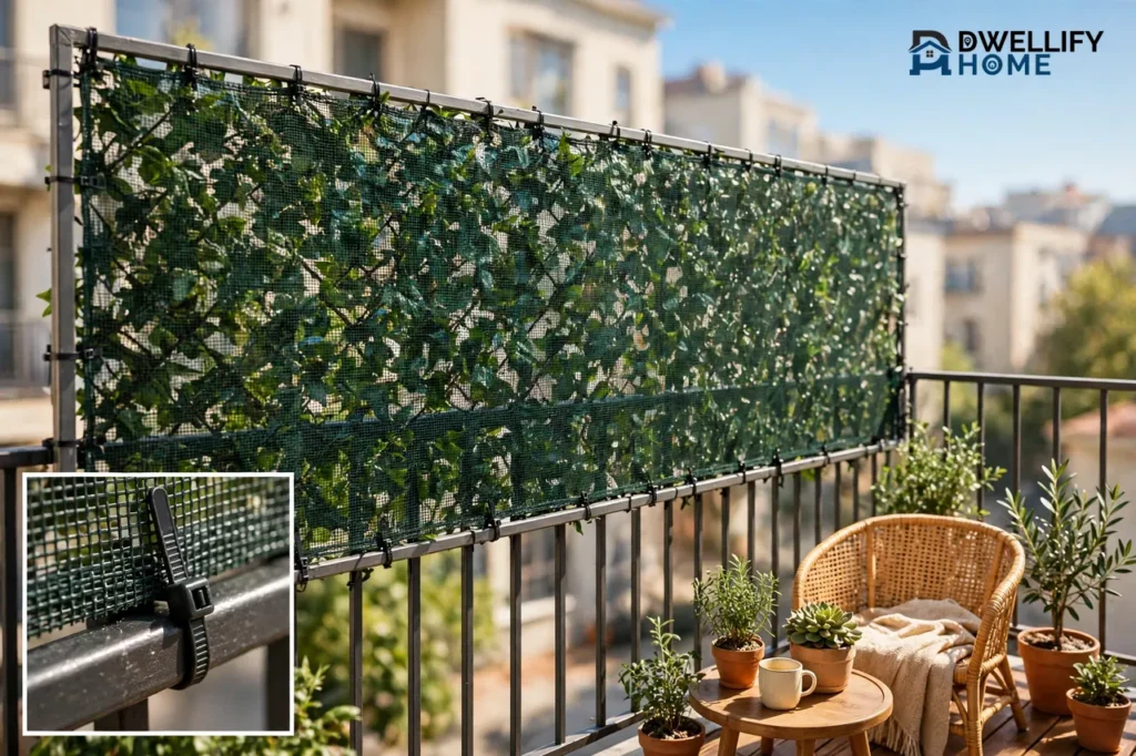 Sunny apartment balcony with a green mesh and faux greenery privacy screen zip-tied to the railing, a rattan chair and potted plants beside it, and a close-up inset at the bottom left showing a zip tie fastening the mesh to the railing