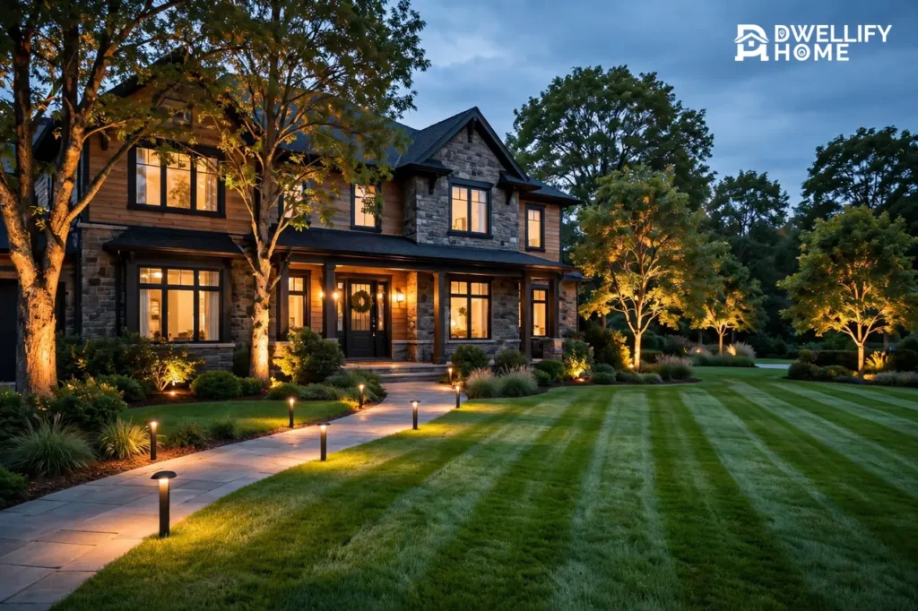 Suburban home exterior at dusk with a freshly mowed striped green lawn and warm path lights and landscape uplights