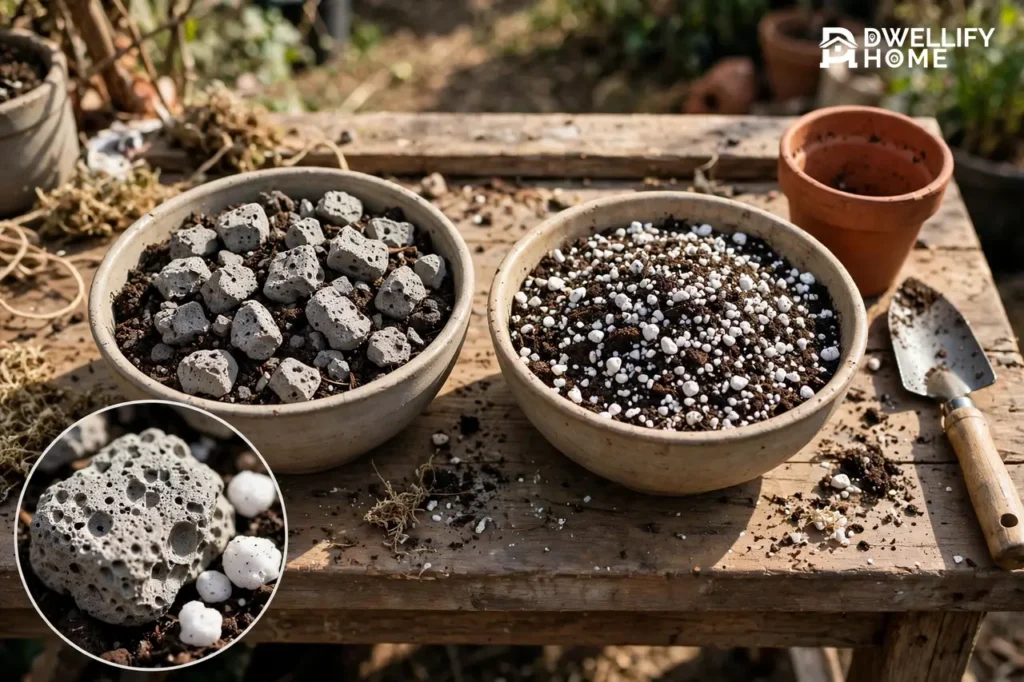 Grey porous pumice chunks in one soil bowl beside small white perlite granules in another, magnified pumice versus perlite inset