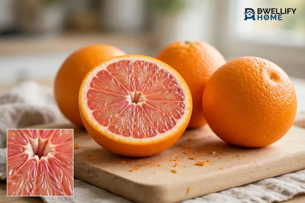Orange cut open showing salmon-pink Cara Cara flesh beside whole oranges, with a flesh inset