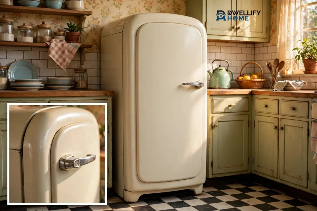 Cream 1950s-style curved-door retro refrigerator with chrome handle in a sunny vintage kitchen, with a magnified inset at bottom left showing the curved door edge and chrome handle