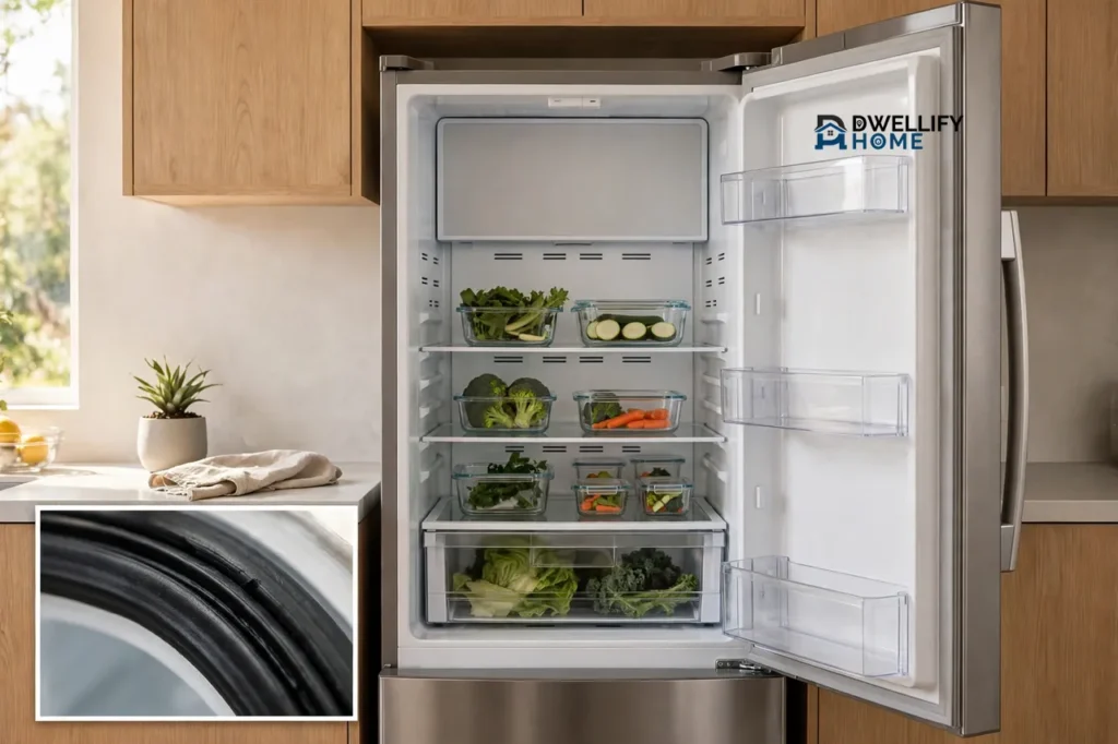 Open refrigerator with tidy shelves and visible vents, door-seal close-up inset