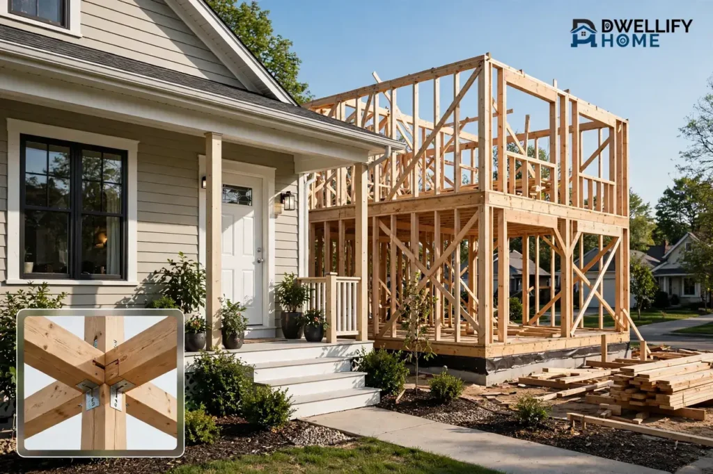 Renovated home facade beside new-build timber framing, with a framing-joint inset