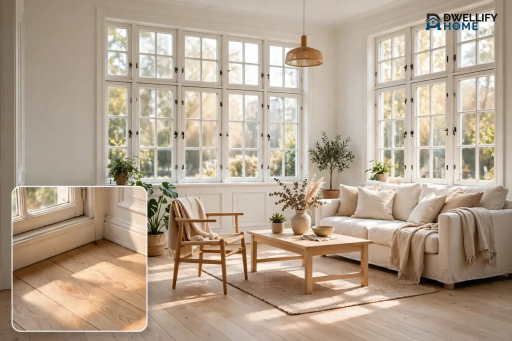 Bright freshly renovated Scandinavian living room with white multi-pane windows, light wood floors and a white sofa, and a close-up inset of the restored wood floor and window detail in the bottom-left corner