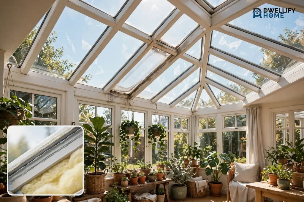 Glass conservatory roof with worn panels, with a repaired-seam and insulation-layer inset