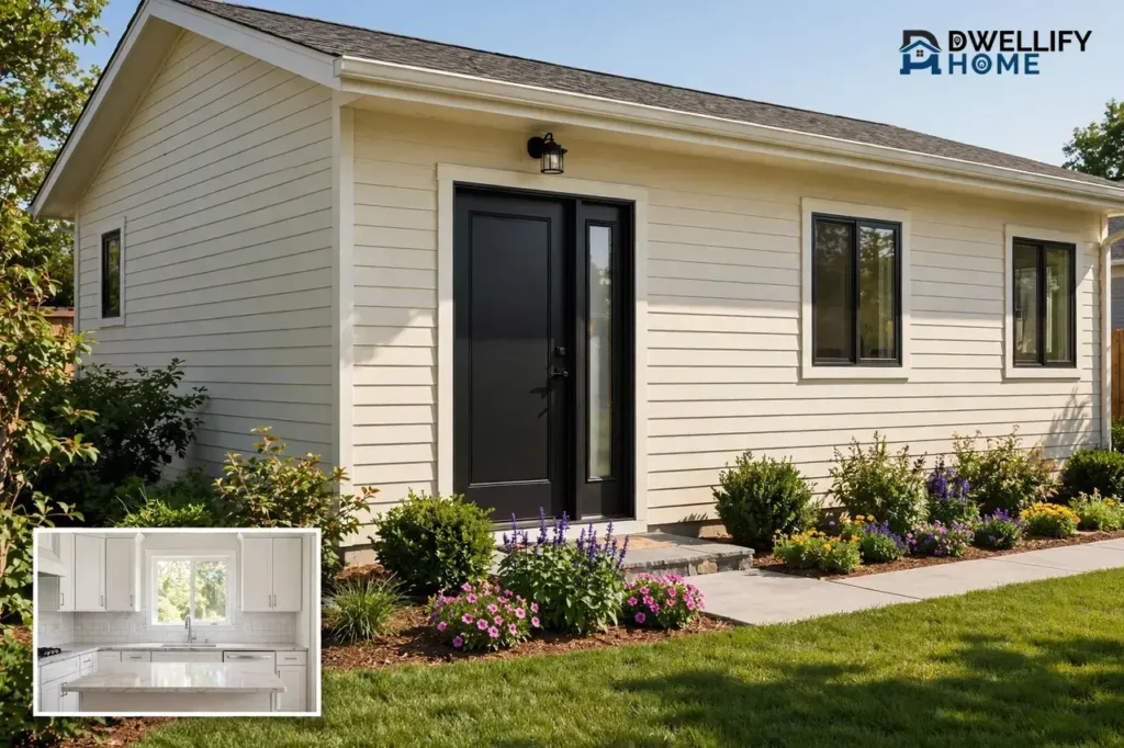 Newly remodeled single-story home exterior with fresh siding, black front door and colorful flower beds, with a small inset photo of its bright modern white kitchen