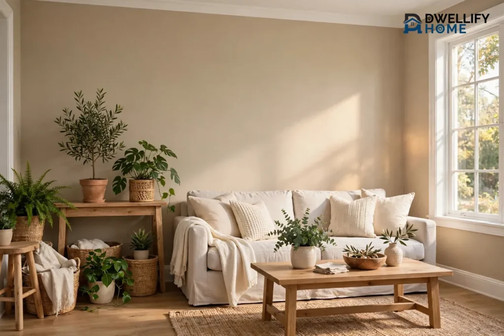 Living room with warm mid-tone greige walls, white trim and sunlight warming the wall