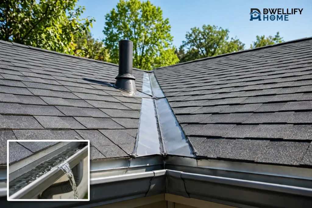 Shingle roof valley with metal flashing around a vent pipe in bright sunlight, with a close-up inset of water flowing through a clean gutter at the bottom left