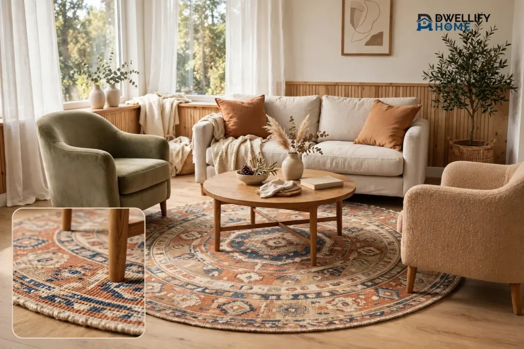Bright living room with a large round patterned rug centered under a round wooden coffee table, sofa and armchairs arranged around it, with a magnified inset showing the rug edge and weave under a table leg