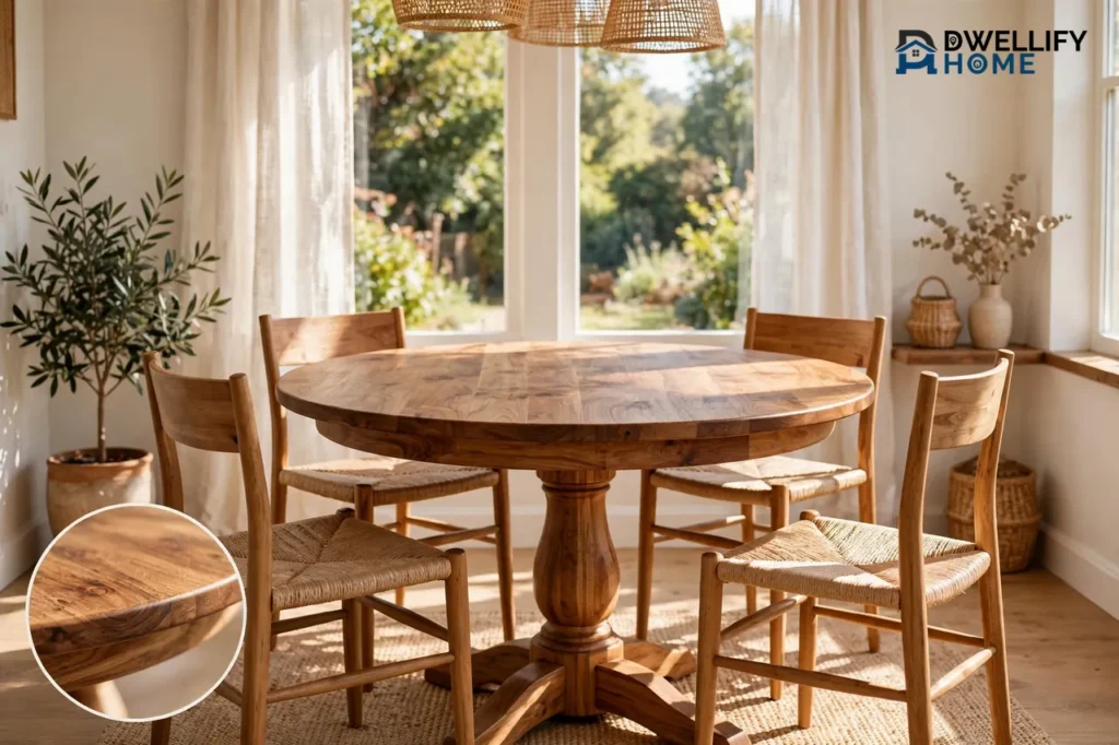 Round solid-wood dining table with visible wood grain on a pedestal base and four chairs in a sunny dining nook, with a magnified close-up of the round table edge and grain in the bottom-left corner