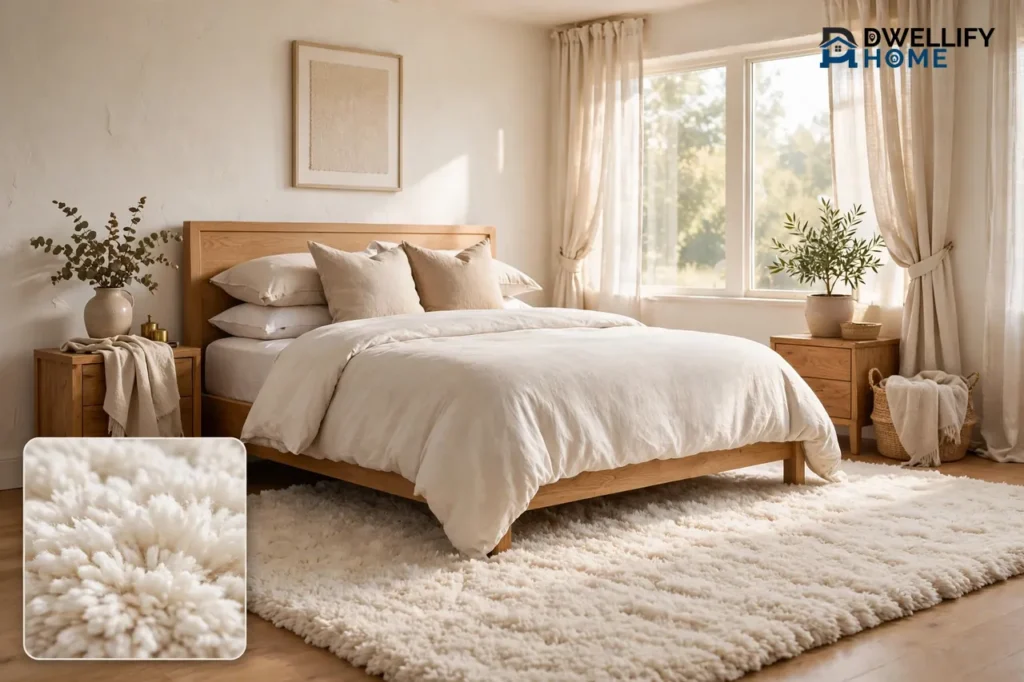 A cozy bright bedroom with a large soft white plush rug placed under the bed and extending out on both sides and at the foot, with a magnified inset showing the rug's thick soft pile