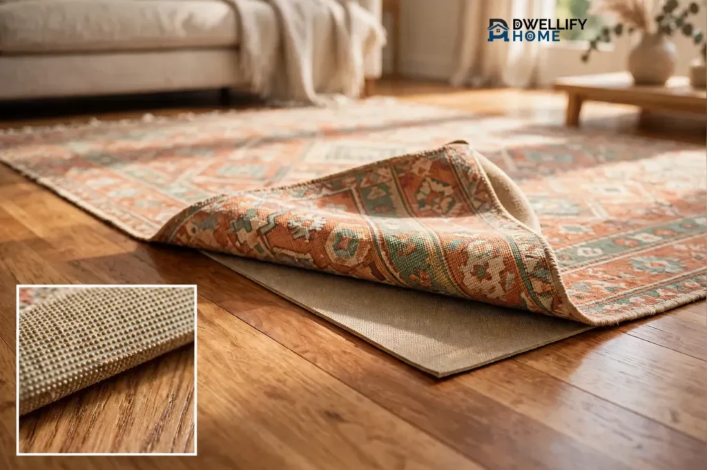 Patterned living room rug with one corner folded back to reveal the rug pad underneath on a polished hardwood floor, with a magnified close-up inset of the pad's grip texture in the bottom-left corner