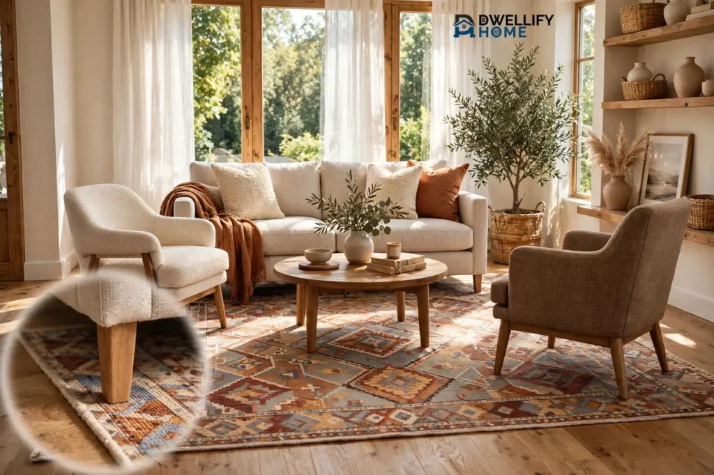 Bright living room with a large patterned rug anchoring the sofa and chairs, with a magnified inset of a chair leg resting on the rug edge