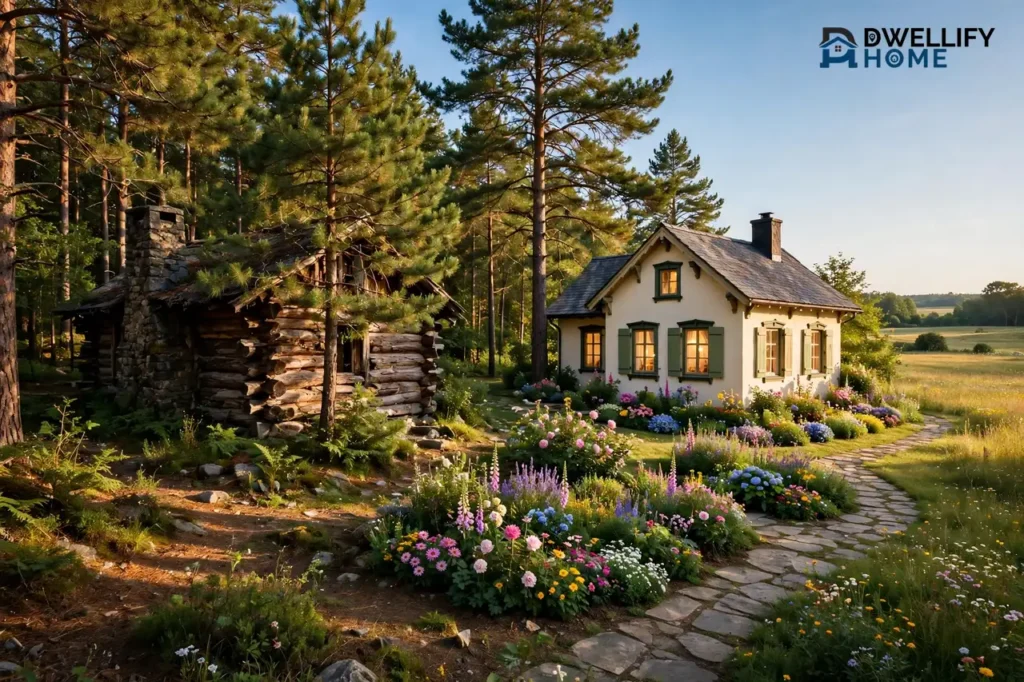 A rugged log cabin with a stone chimney among tall pine trees on the left and a charming cream cottage with glowing windows and a colorful flower garden along a stone path on the right, in warm sunlight.
