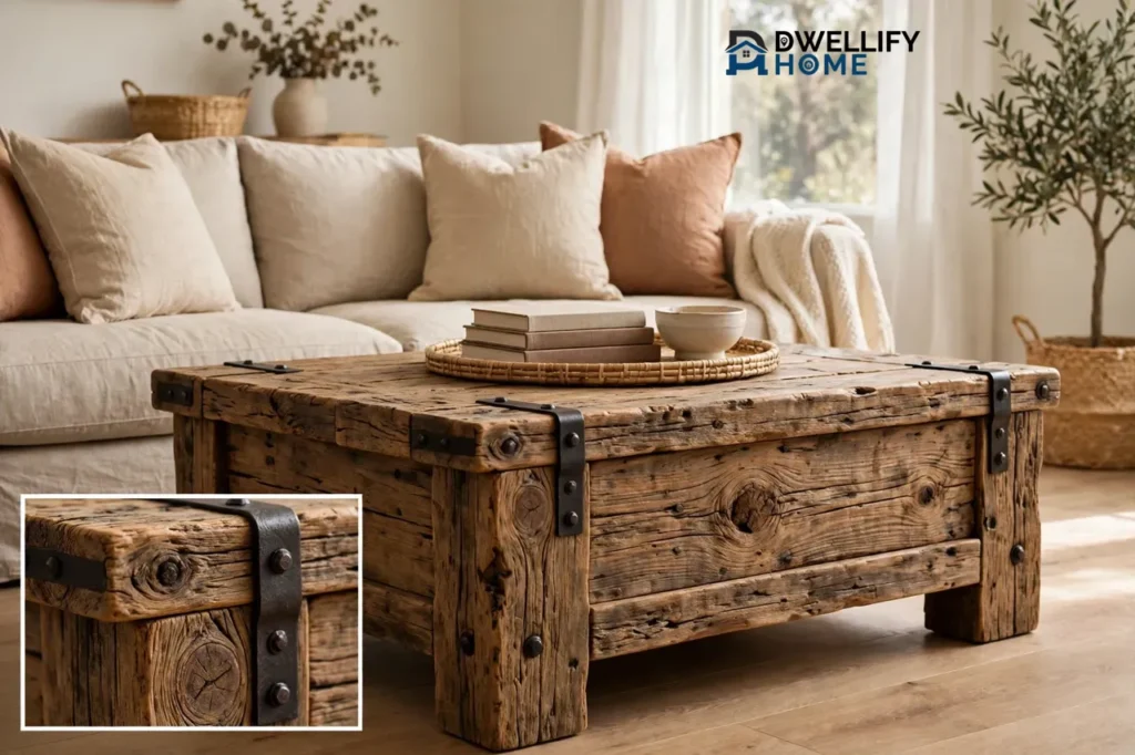 Chunky rustic cocktail table in reclaimed wood with knots and dark iron straps in front of a sofa, with a close-up inset of the wood grain, knot and iron strap