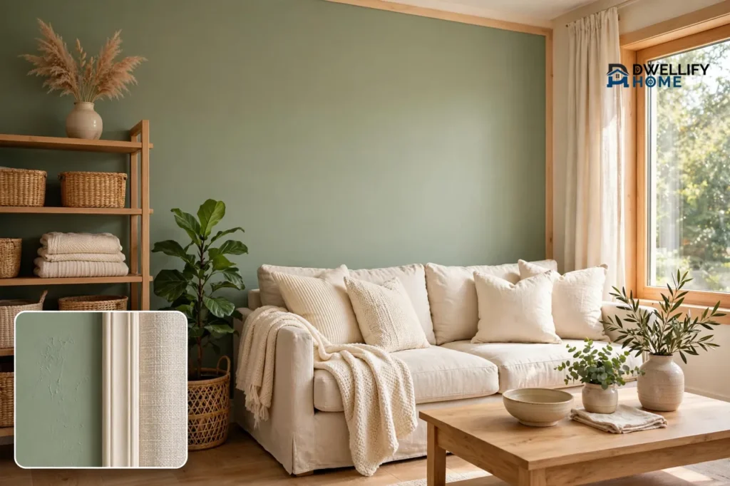 Cozy living room with soft sage green walls, warm white trim, light oak shelving and a cream linen sofa in bright daylight, with a magnified inset of the sage wall paint beside white trim and linen texture
