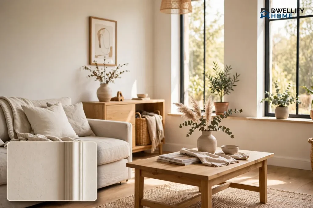 Bright living room with walls painted in soft warm white with a gentle warm greige undertone, wood furniture and neutral sofa, with a magnified close-up of the warm white wall beside white trim in the bottom-left corner