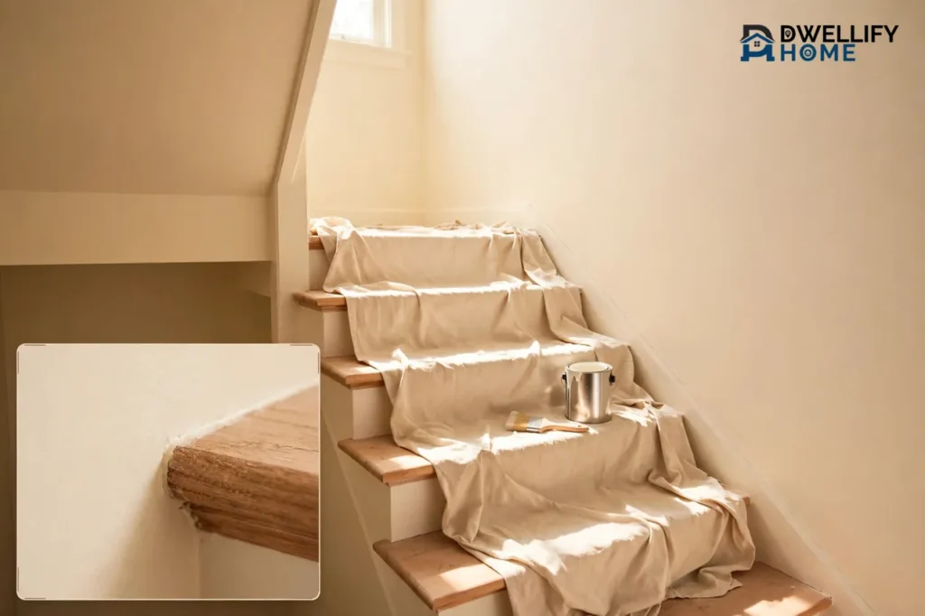 Stairwell with freshly painted walls and raw wooden stair treads protected by a drop cloth, with a paint can and brush on a step and a magnified inset of raw wood grain beside a painted wall edge