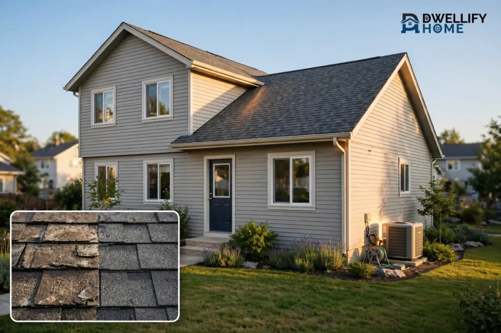 Whole house with roof, windows, door and outdoor HVAC unit, worn versus sound roof shingle inset