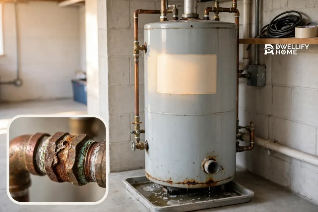 Aging tank water heater with rust at the base and a drip tray, with a rusted corroded fitting close-up