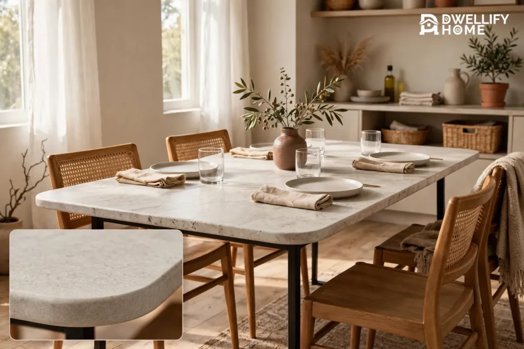 Lived-in dining room with a rectangular light stone-top dining table with slim dark legs, simple place settings and cane chairs, with a magnified close-up inset of the smooth stone surface and rounded edge in the bottom-left corner