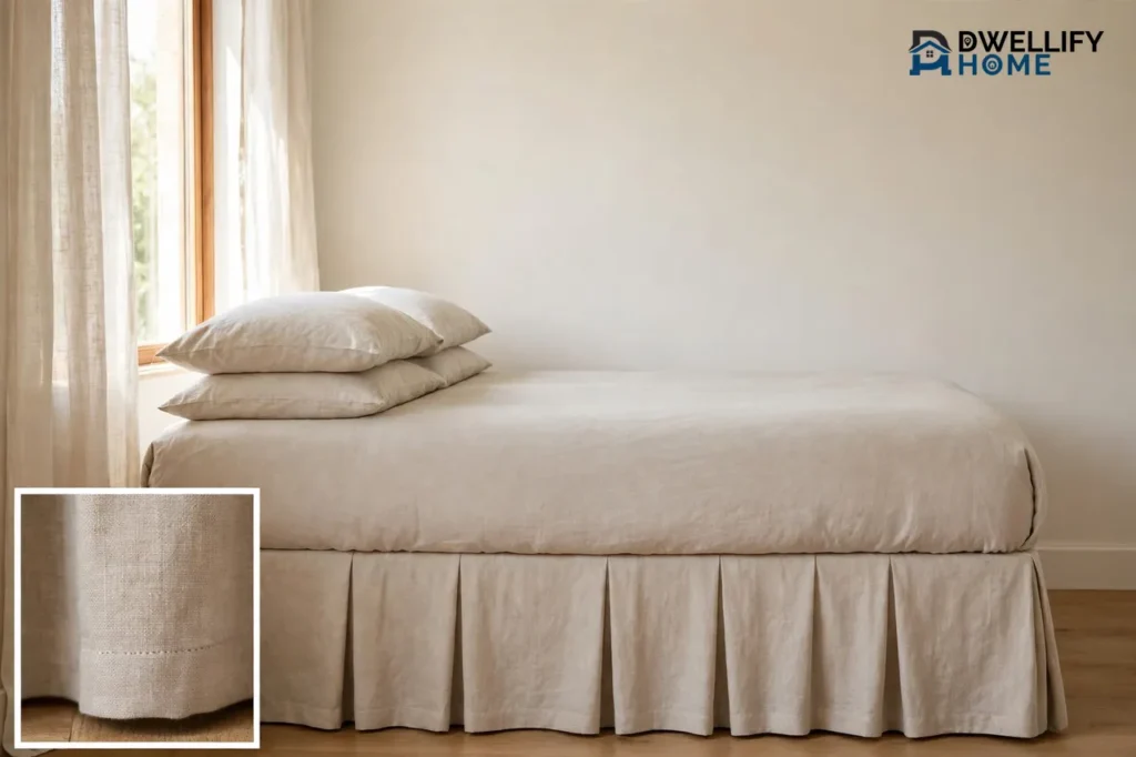 Bed with a tailored bed skirt dropping to the floor, hem-detail inset