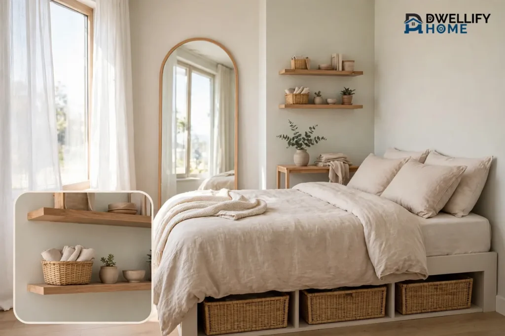 Compact small bedroom with bed, under-bed baskets, wall shelves and tall mirror in bright daylight, with a close-up inset of wall shelves
