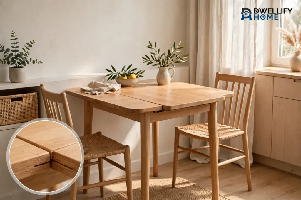 Small light-wood dining table in a compact nook shown partly extended with its leaf panel slid out in the middle, with a magnified close-up of the extension leaf seam in the bottom-left corner
