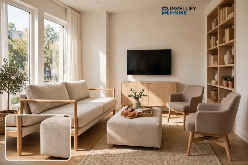 Compact living room with space-saving furniture layout and a furniture-detail inset