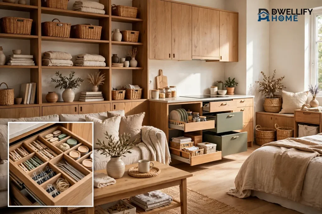 Organized living room bedroom and kitchen storage scene, drawer organizer inset