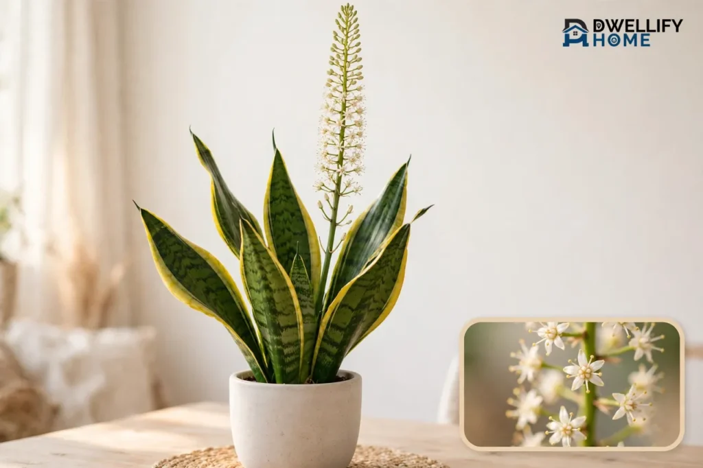 Snake plant with tall flower stalk of small white blooms, blossom inset