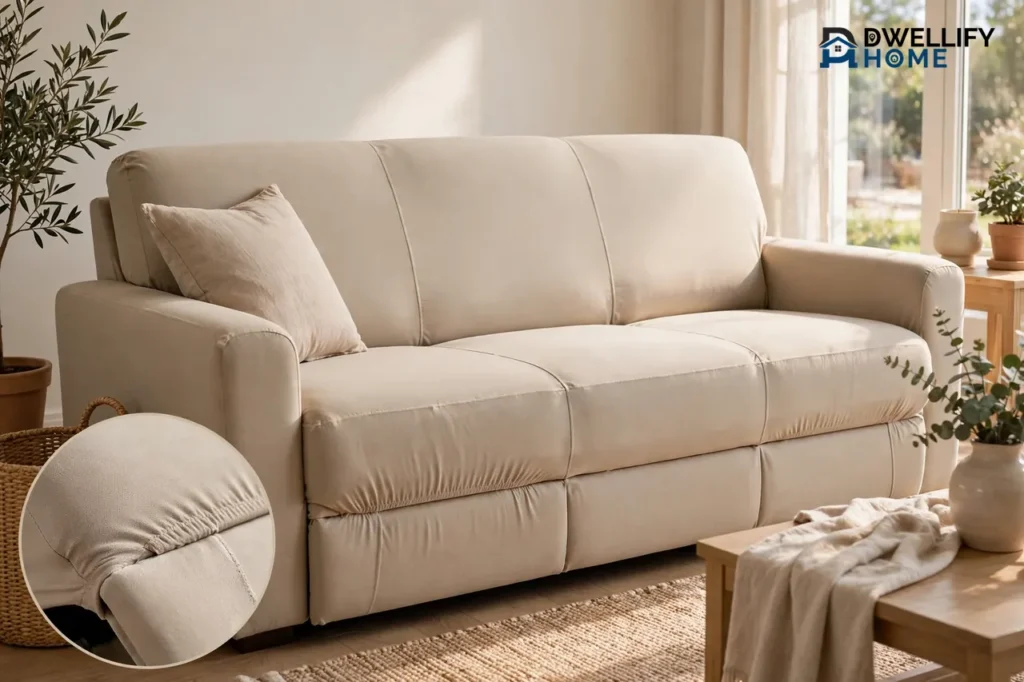 Three-seat reclining sofa fitted with a smooth beige stretch cover with split-seat divisions, and a close-up inset of the cover at a footrest seam