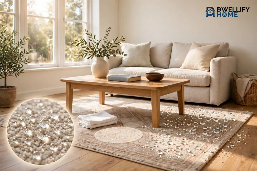 Bright living room rug with liquid droplets beading on its surface and a folded white cloth nearby, with a magnified inset of droplets beading on rug fibers