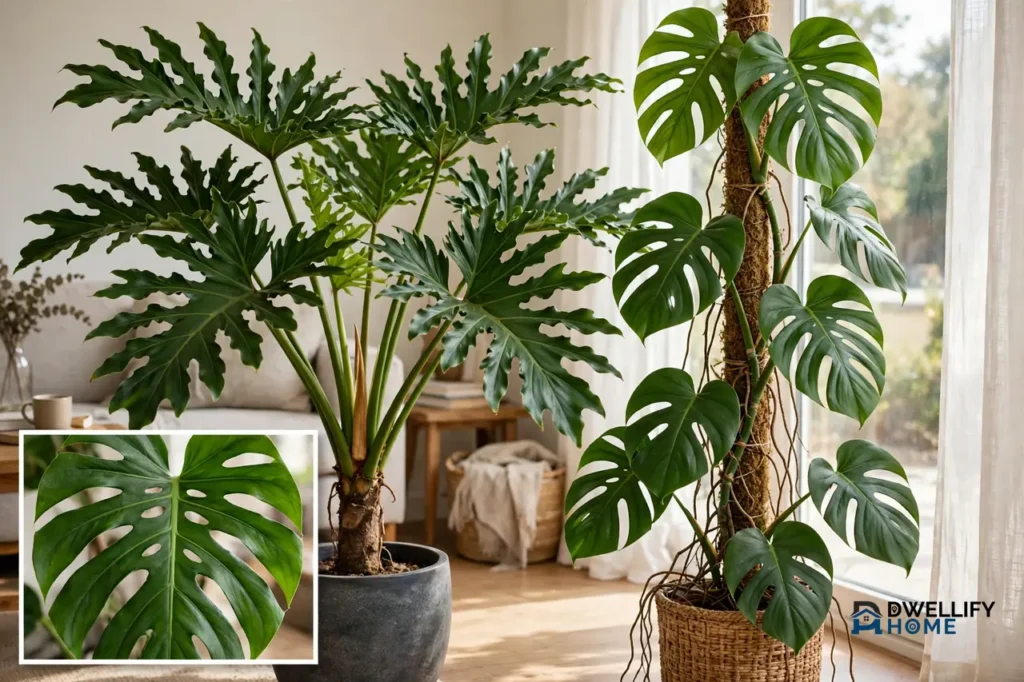 Tree philodendron with deeply lobed leaves beside a climbing Monstera with splits and holes, with a Monstera leaf inset