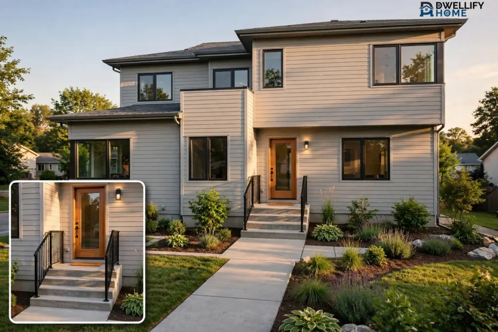 Freshly remodeled split-level house exterior in warm daylight with staggered levels, a short flight of steps to a wood front door, and neat landscaping, plus a magnified close-up of the entry steps and front door in the bottom-left corner