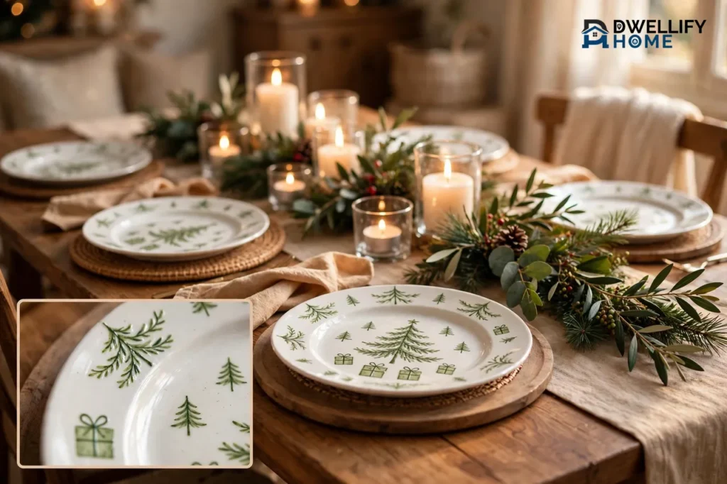 Festive Christmas dining table set with white plates decorated with a generic green Christmas tree and gift pattern, candles and greenery down the center, with a magnified close-up inset of the plate pattern in the bottom-left corner